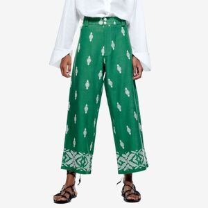 Zara Embroidered Linen Culottes Wide Pants Green XLarge